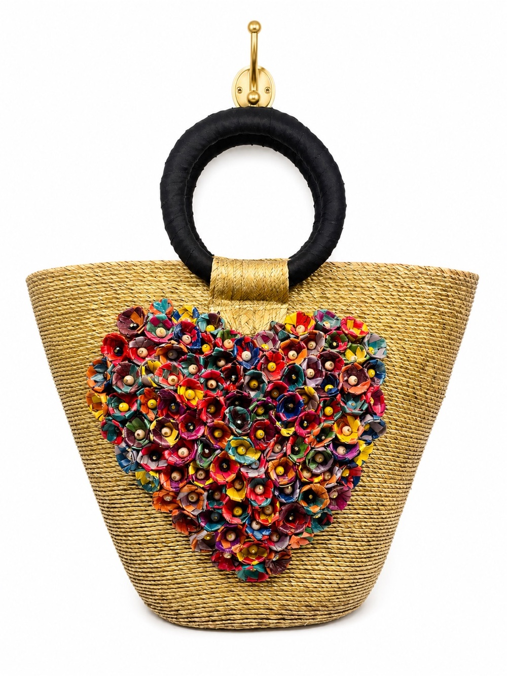 Floral Heart Straw Tote Bag | Handmade Statement Beach Market Bag